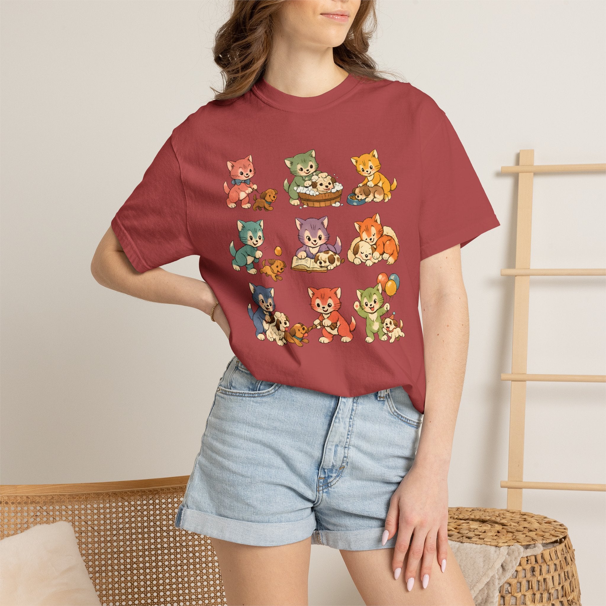 Cute Retro Cat Patchwork T-Shirt