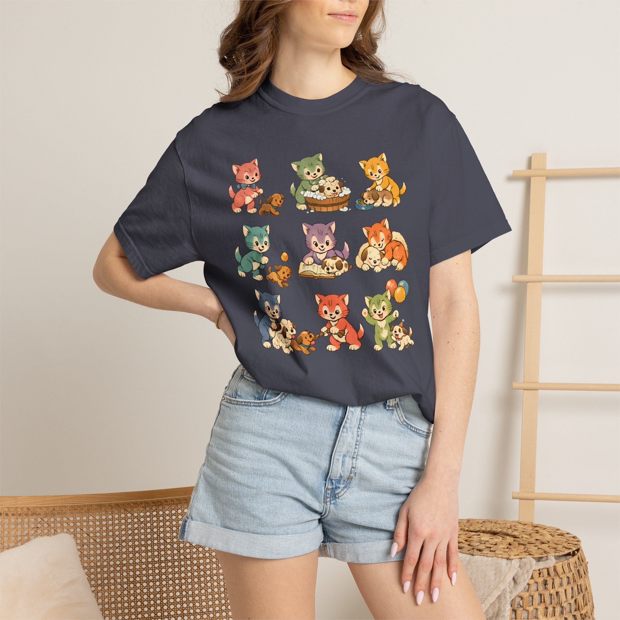 Cute Retro Cat Patchwork T-Shirt