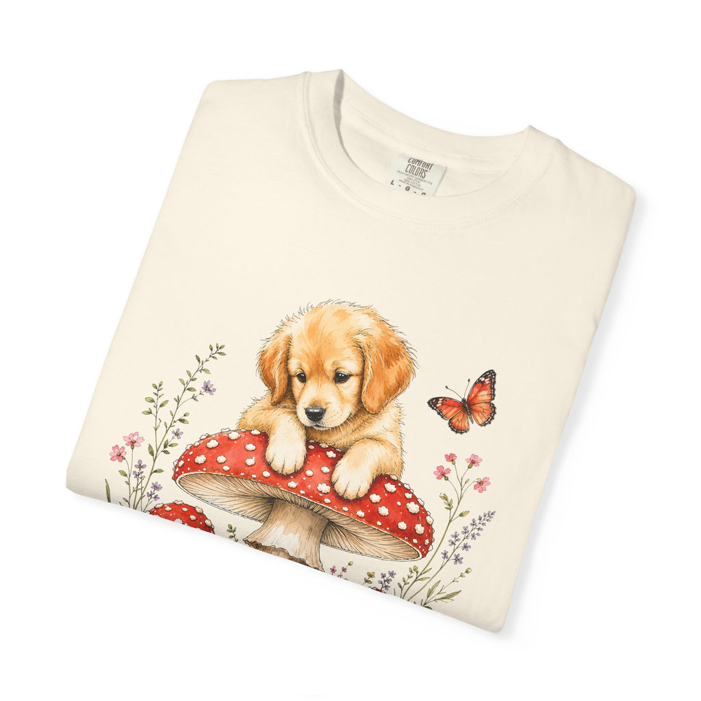 Puppy on Mushroom T-Shirt – Cute Dog & Butterfly Woodland Tee