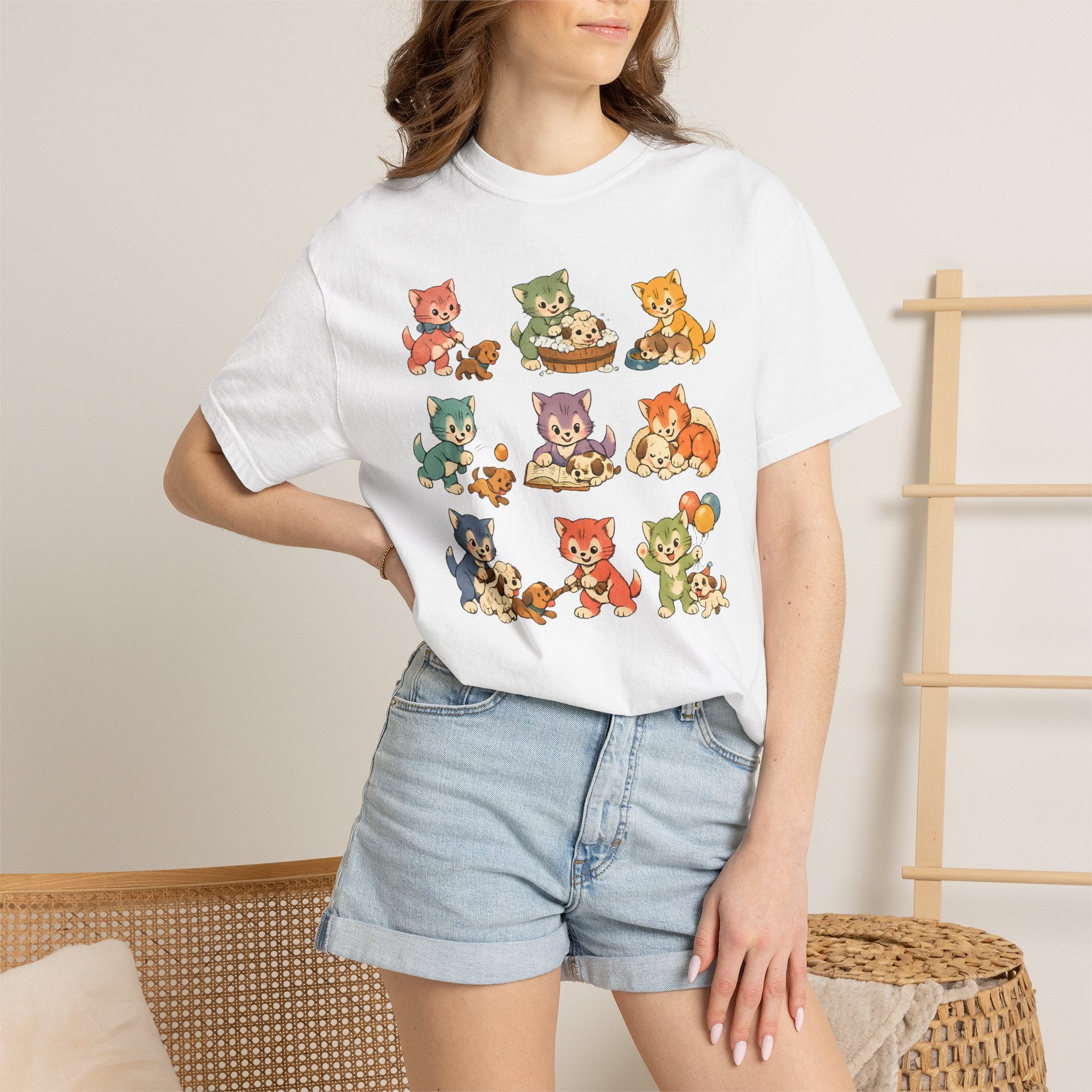 Cute Retro Cat Patchwork T-Shirt