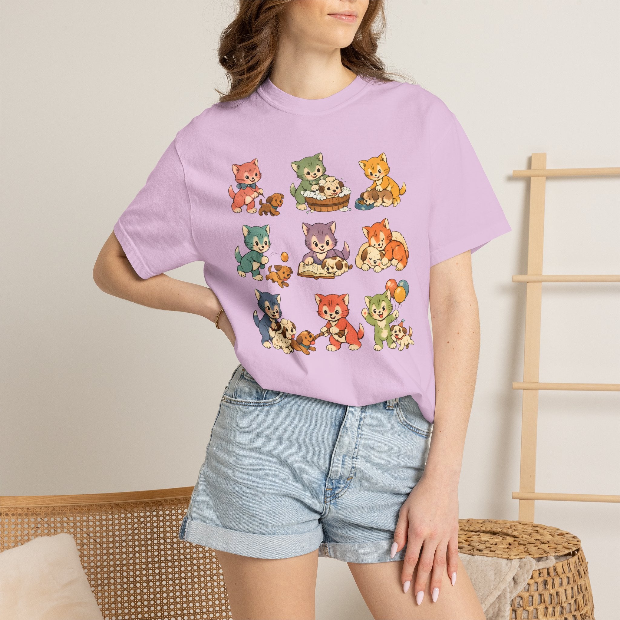 Cute Retro Cat Patchwork T-Shirt