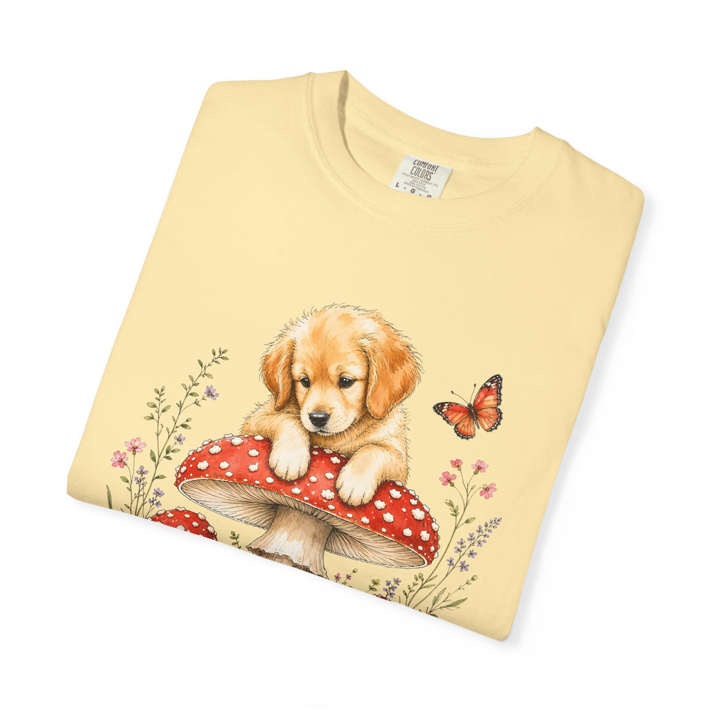Puppy on Mushroom T-Shirt – Cute Dog & Butterfly Woodland Tee