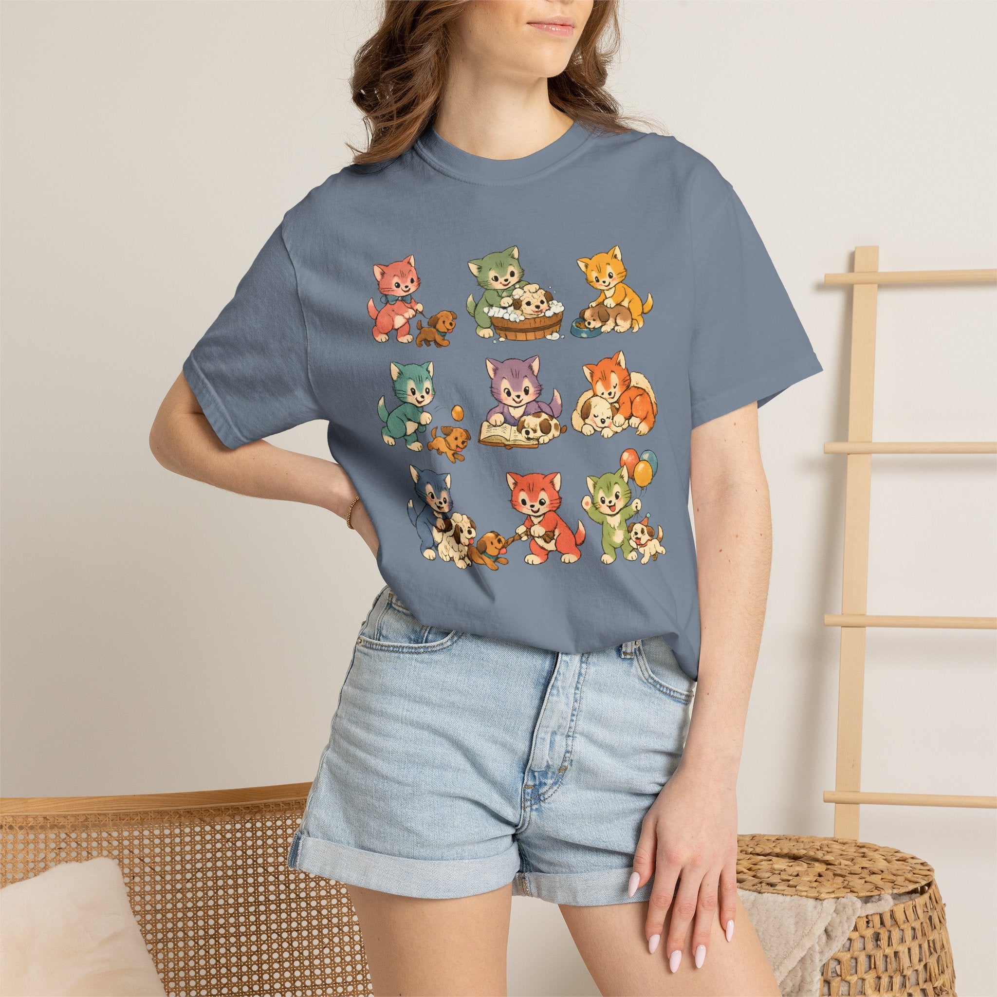 Cute Retro Cat Patchwork T-Shirt