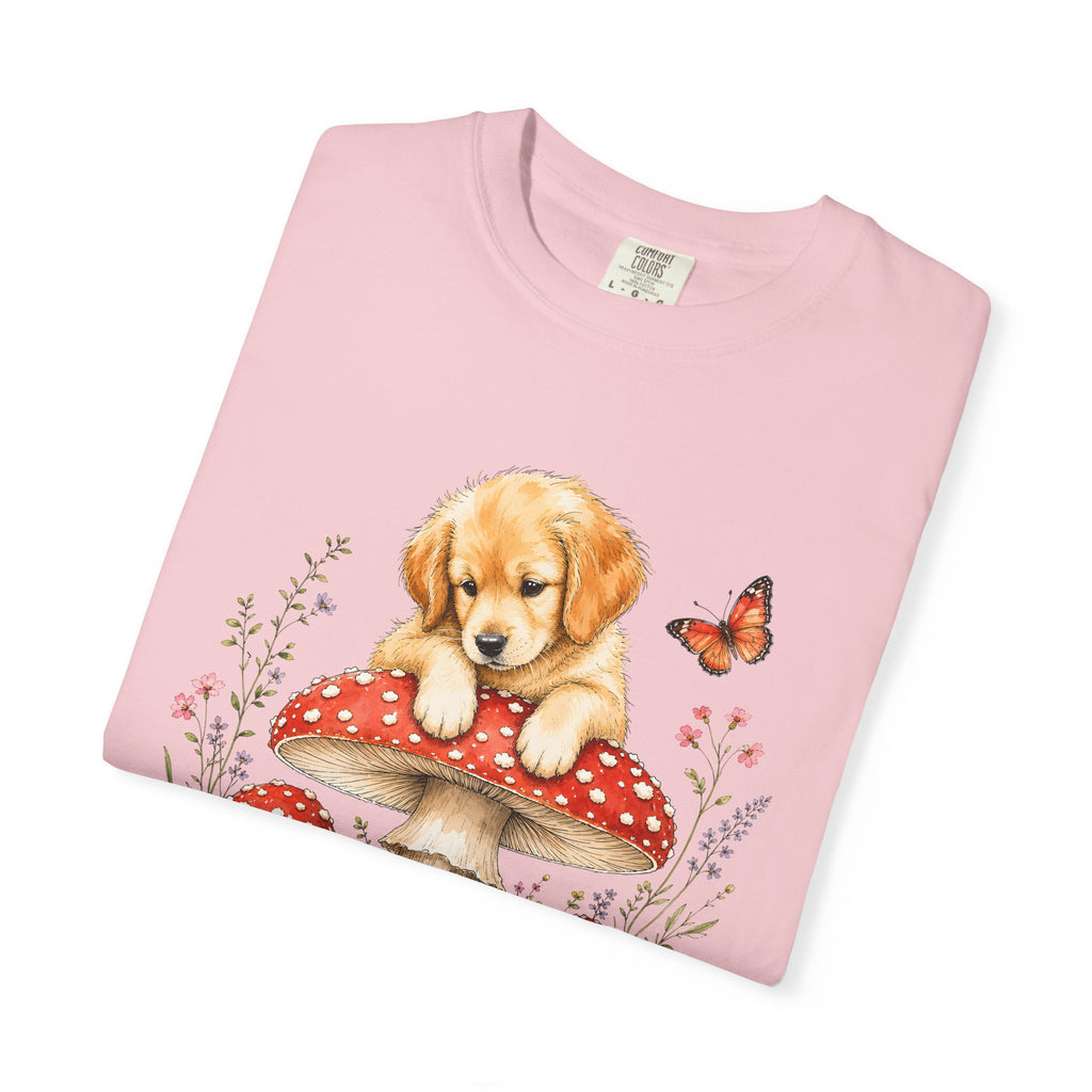 Puppy on Mushroom T-Shirt – Cute Dog & Butterfly Woodland Tee