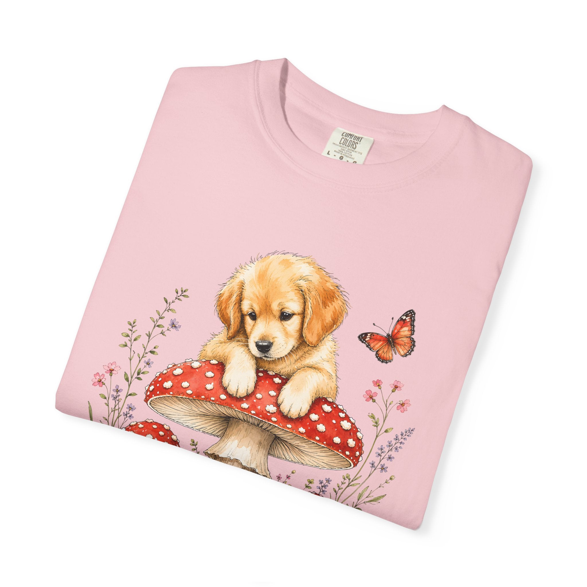 Puppy on Mushroom T-Shirt – Cute Dog & Butterfly Woodland Tee