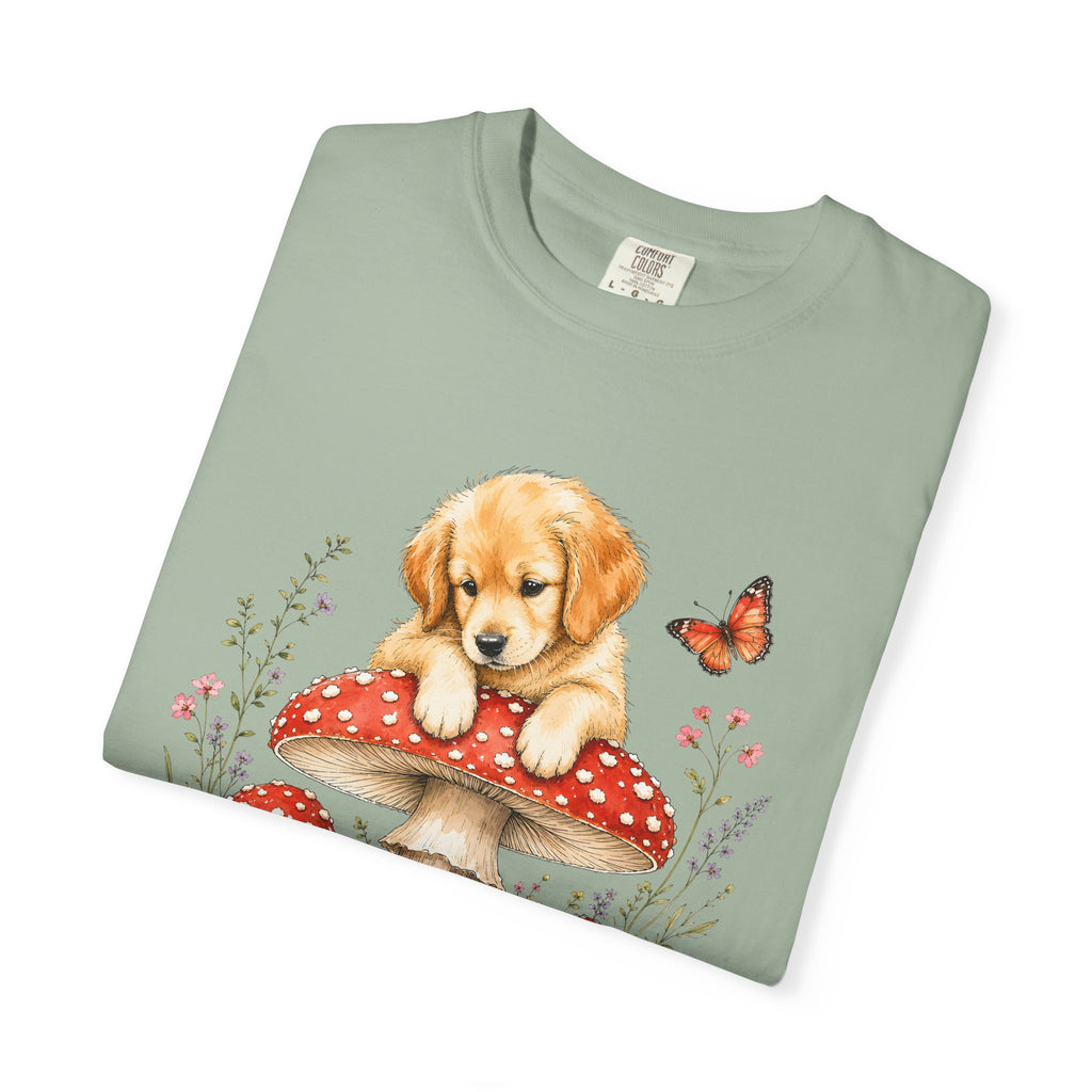 Puppy on Mushroom T-Shirt – Cute Dog & Butterfly Woodland Tee