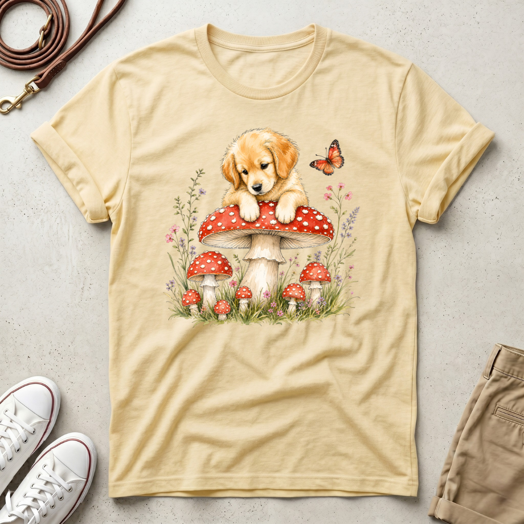 Puppy on Mushroom T-Shirt – Cute Dog & Butterfly Woodland Tee
