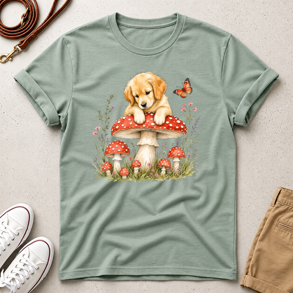 Puppy on Mushroom T-Shirt – Cute Dog & Butterfly Woodland Tee
