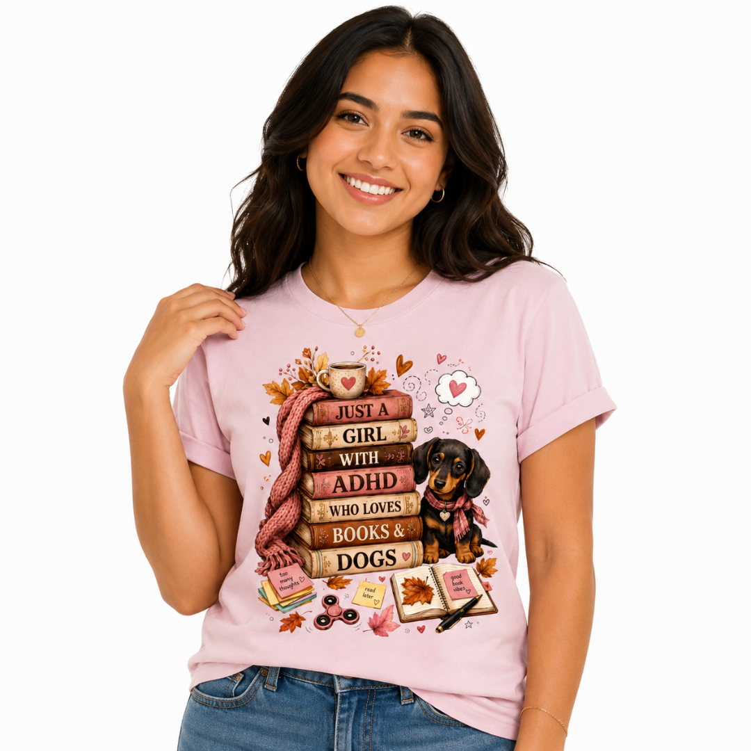 Just a Girl with ADHD Who Loves Books & Dogs T-Shirt