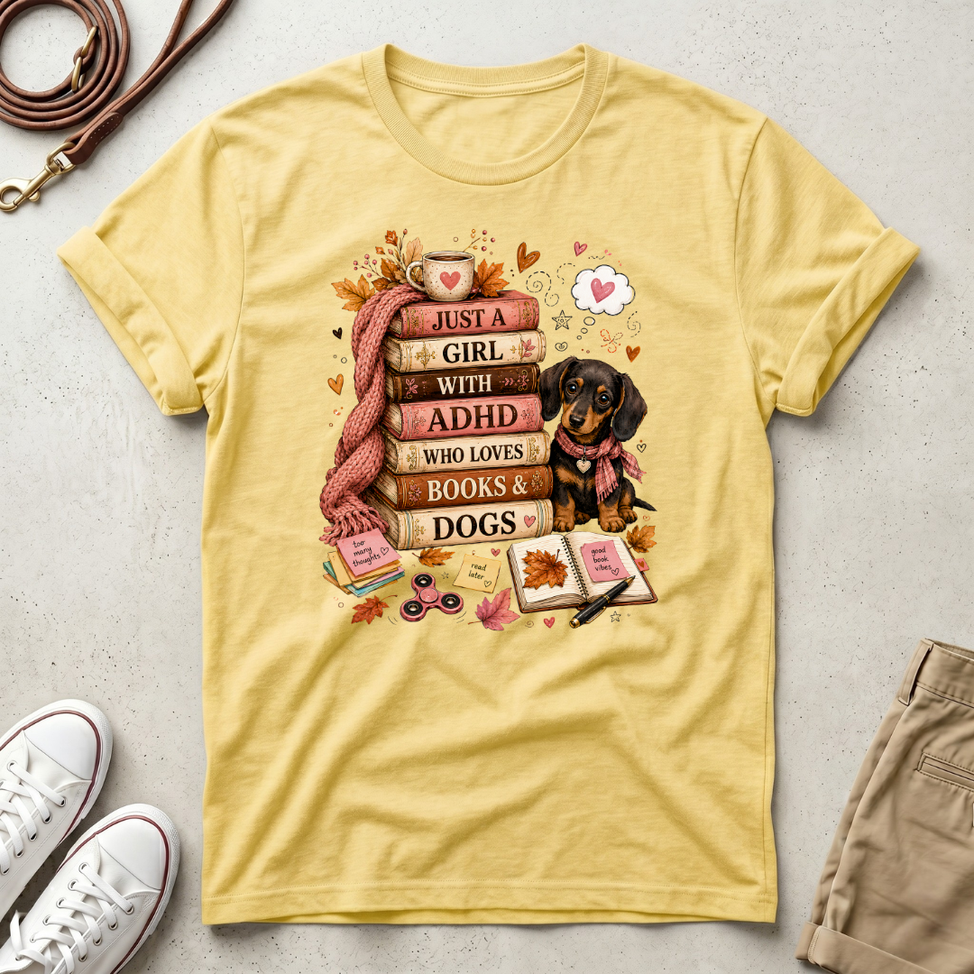 Just a Girl with ADHD Who Loves Books & Dogs T-Shirt