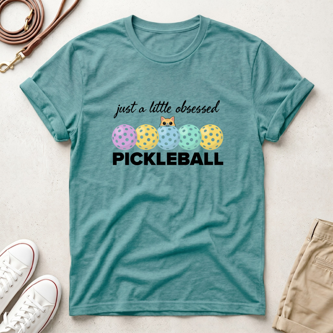 Cats Pickleball Obsessed T-Shirt — “just a little obsessed” Cute Paddle & Ball Tee