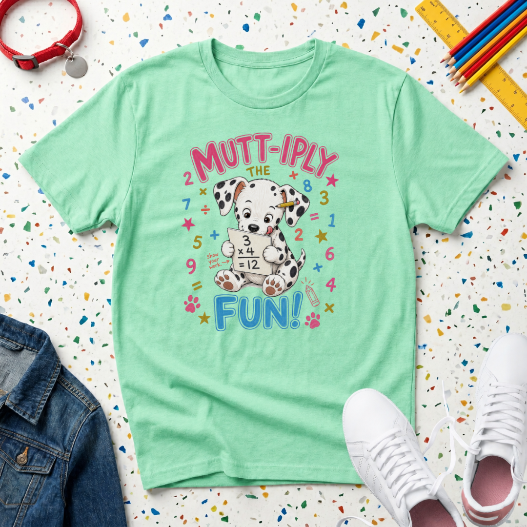 Kids Tee  "Mutt-iply the Fun!" Cute Dalmatian Puppy T-Shirt