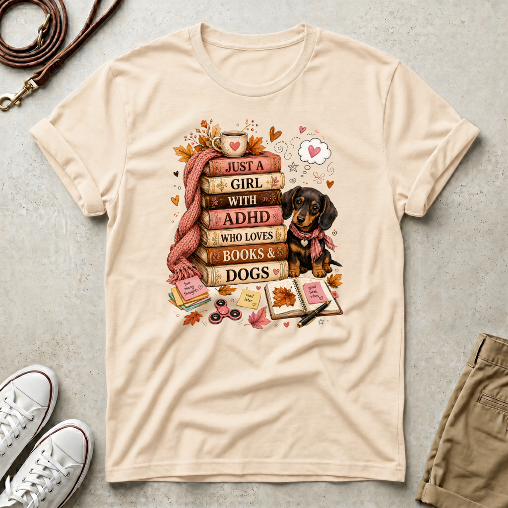 Just a Girl with ADHD Who Loves Books & Dogs T-Shirt