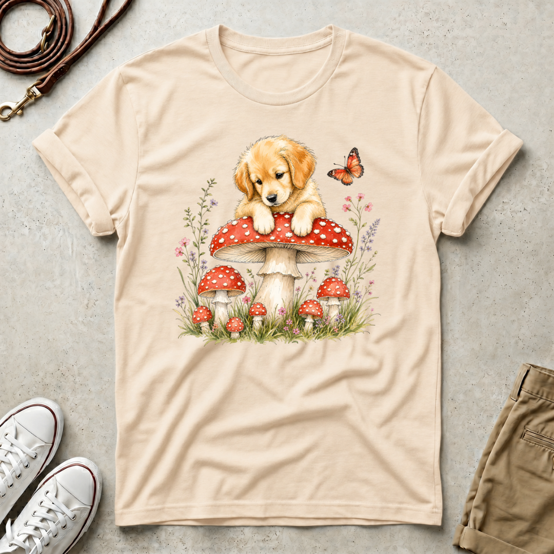 Puppy on Mushroom T-Shirt – Cute Dog & Butterfly Woodland Tee