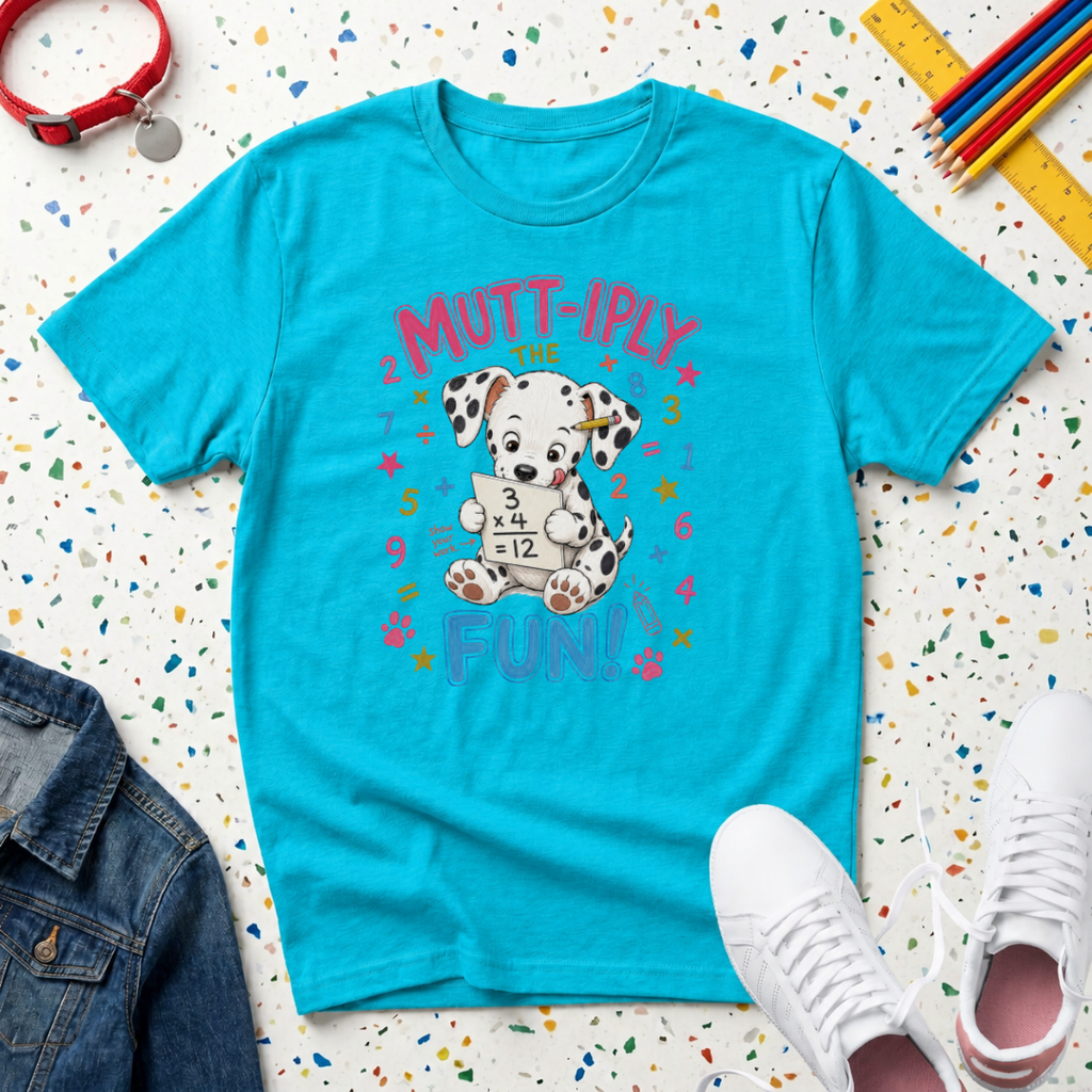 Kids Tee  "Mutt-iply the Fun!" Cute Dalmatian Puppy T-Shirt