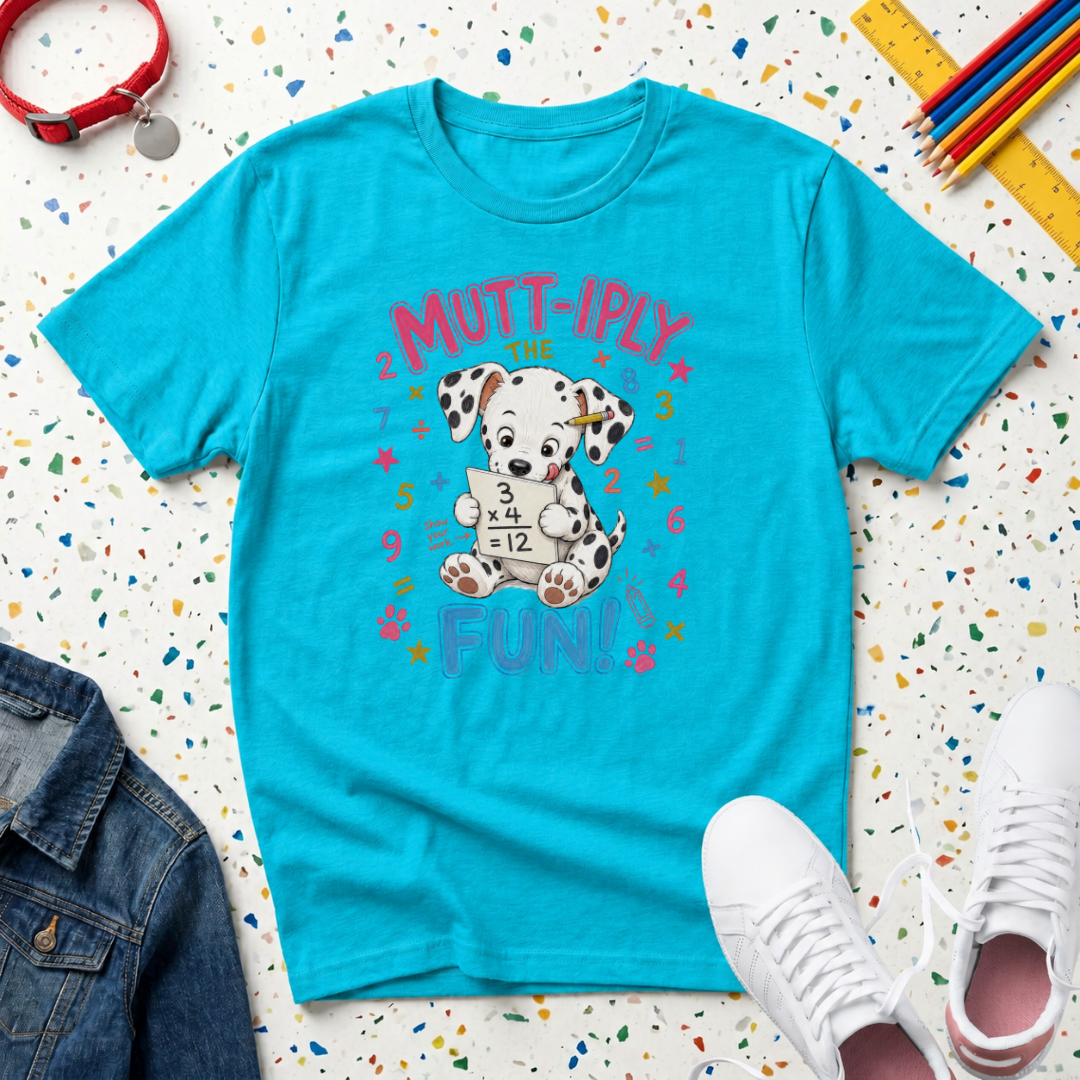 Kids Tee  "Mutt-iply the Fun!" Cute Dalmatian Puppy T-Shirt