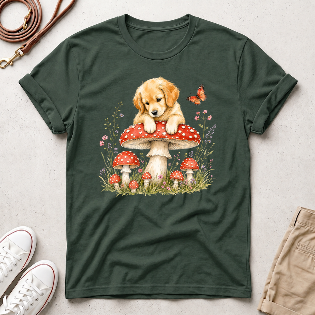 Puppy on Mushroom T-Shirt – Cute Dog & Butterfly Woodland Tee