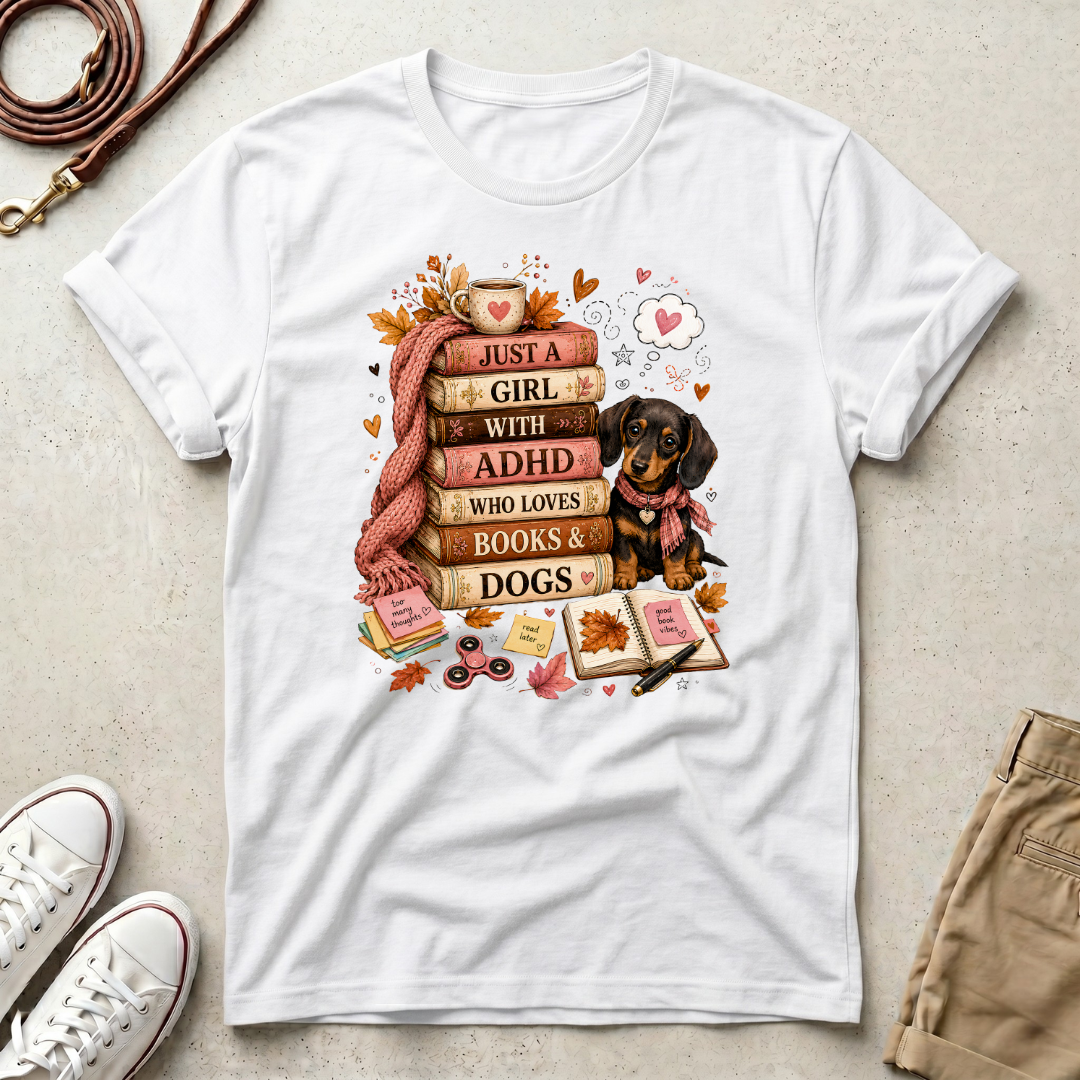 Just a Girl with ADHD Who Loves Books & Dogs T-Shirt