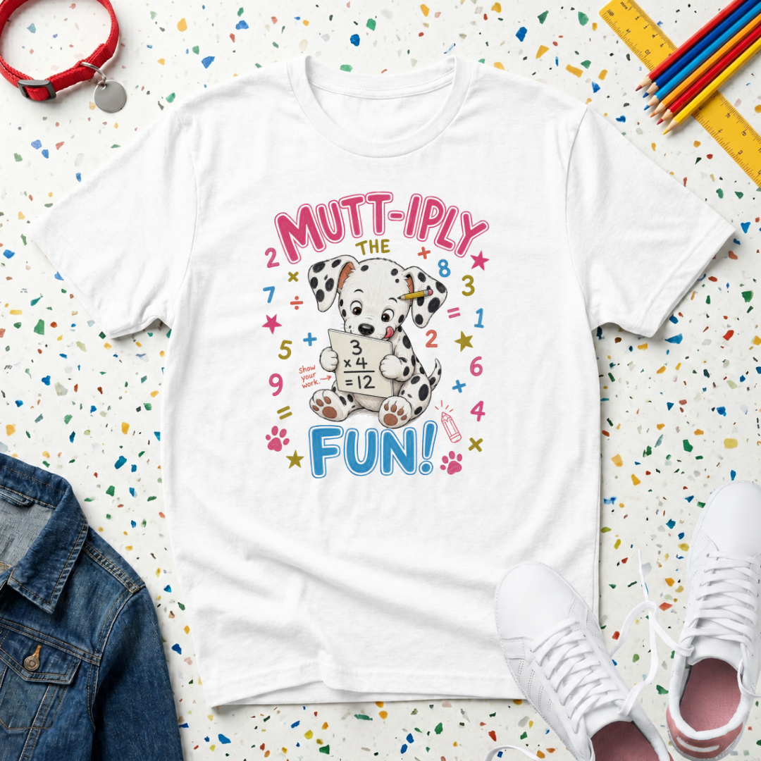 Kids Tee  "Mutt-iply the Fun!" Cute Dalmatian Puppy T-Shirt